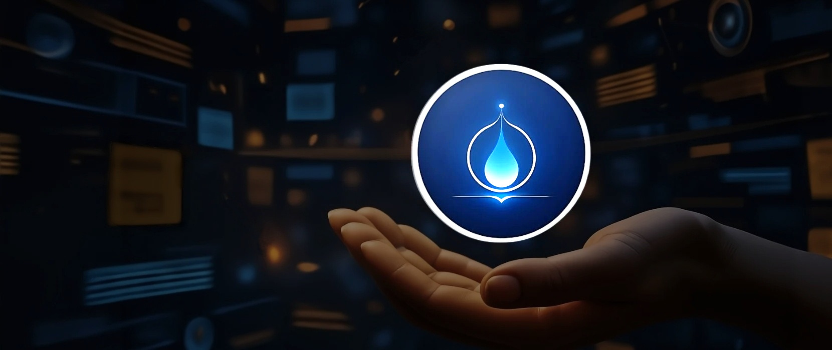 A hand cradling a glowing droplet emblem, the symbol of Algorism